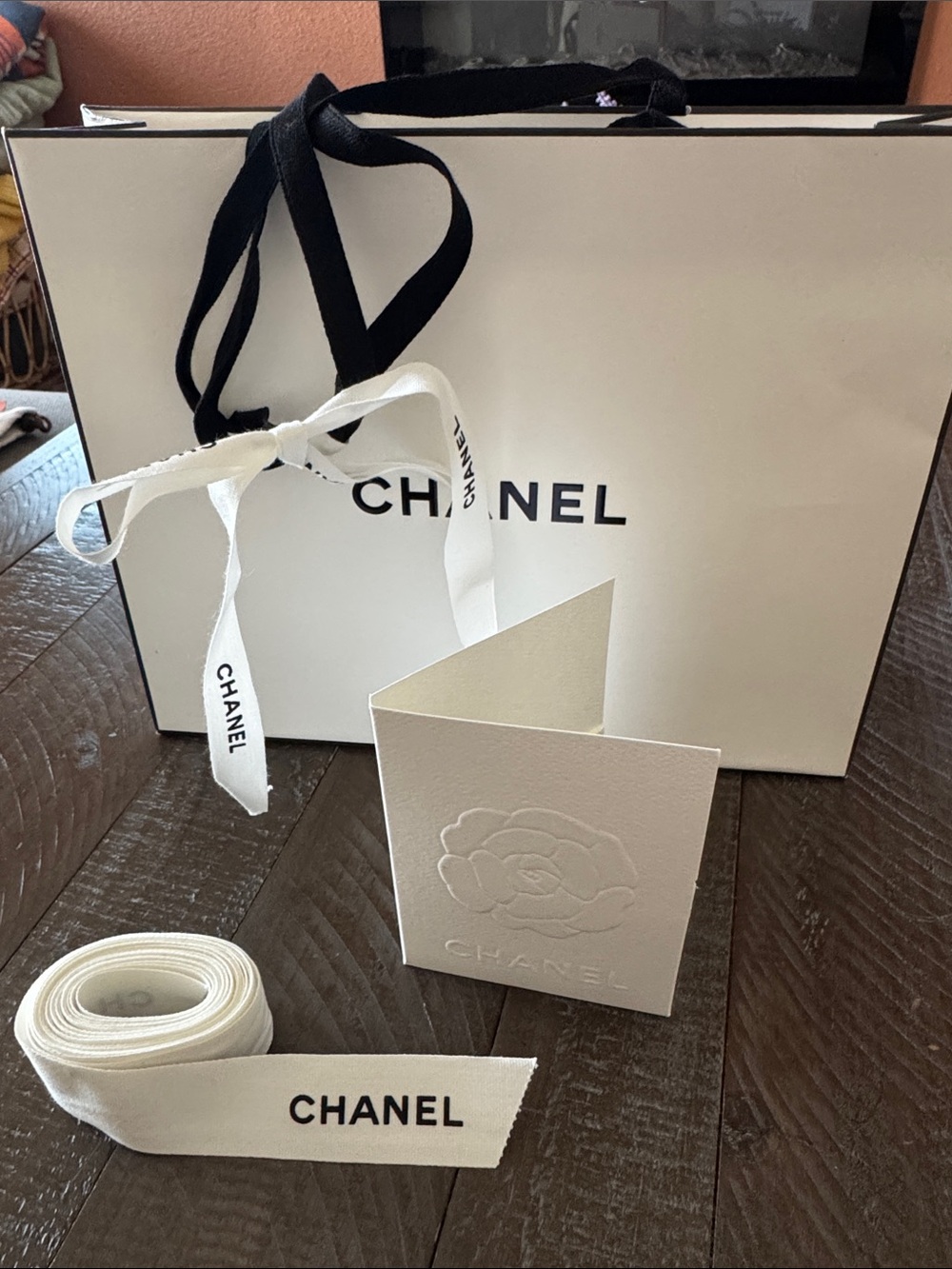 CHANEL White and Black Logo Gift Bag with Ribbons